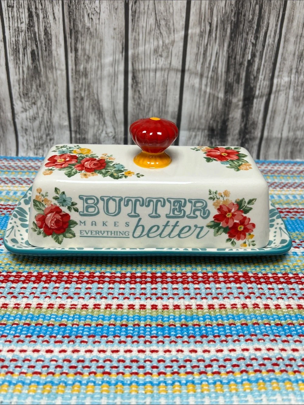 The Pioneer Woman Vintage Floral “Butter makes everything Better” butter dish